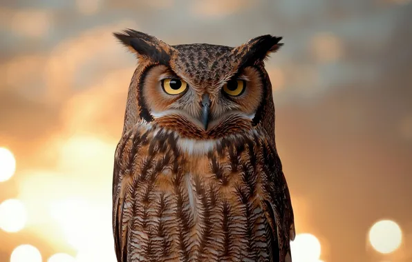 Look, lights, glare, owl, bird, portrait, bokeh, owl