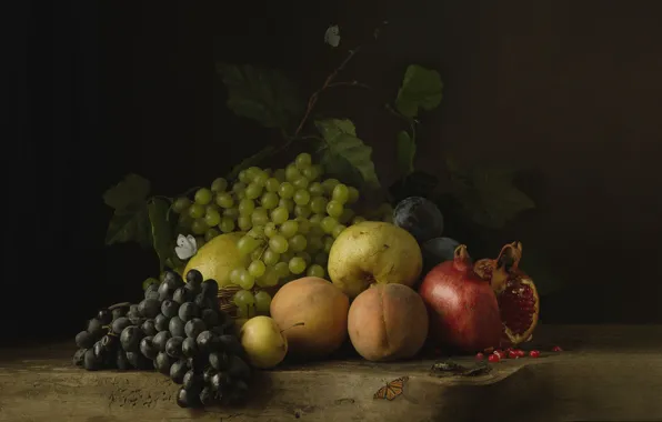 Grapes, still life, peaches, garnet