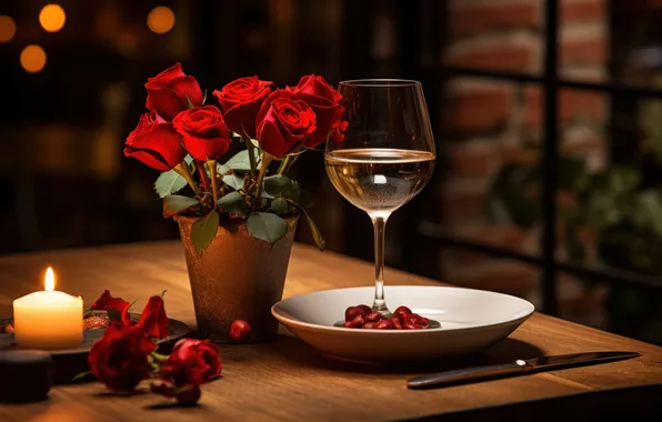 Flowers, table, holiday, wine, roses, candle, bouquet, the evening