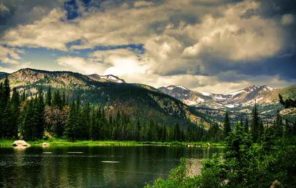 Picture the sky, clouds, trees, landscape, mountains, lake