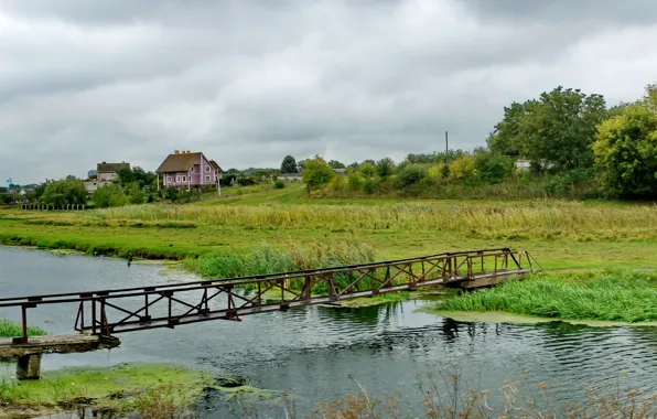 The sky, clouds, bridge, nature, river, Landscape, multi-monitors, dual-monitors