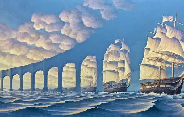 Ships, painting, optical illusion, Rob Gonsalves