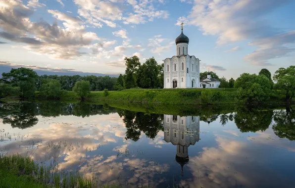 Summer, clouds, reflection, the evening, Church, Bogolyubovo, Sergey Serushkin, Church of the Intercession