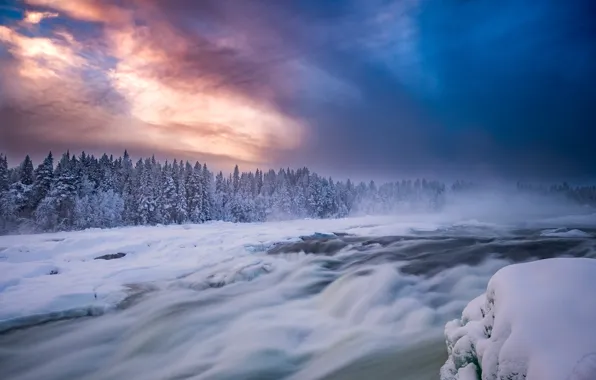 Winter, forest, the sky, snow, river, Sweden, Sweden, thresholds