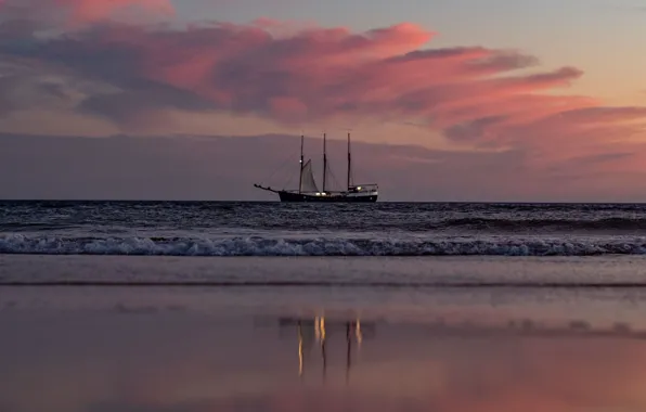 Sunset, reflection, the ocean, shore, sailboat, the evening