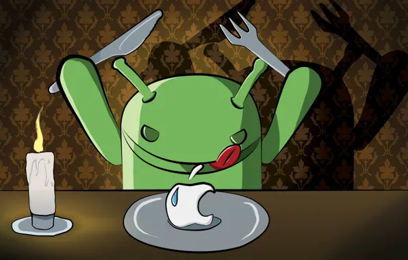 Picture apple, candle, art, plate, knife, plug, android, dinner