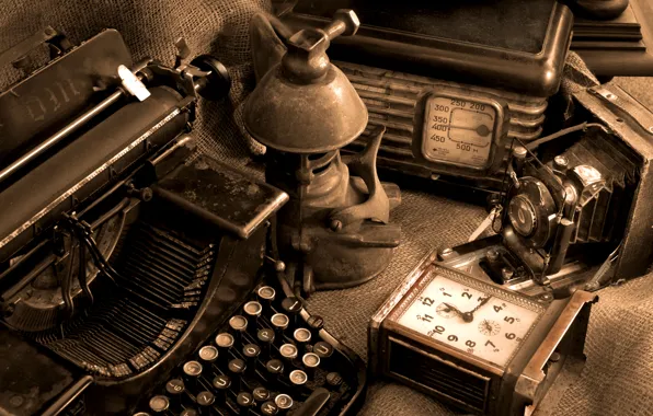 Picture camera, dust, antique, radio, typewriter