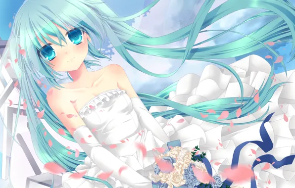 The sky, girl, clouds, flowers, bouquet, anime, art, vocaloid