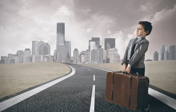 Road, the city, markup, boy, suitcase, skyscrapers