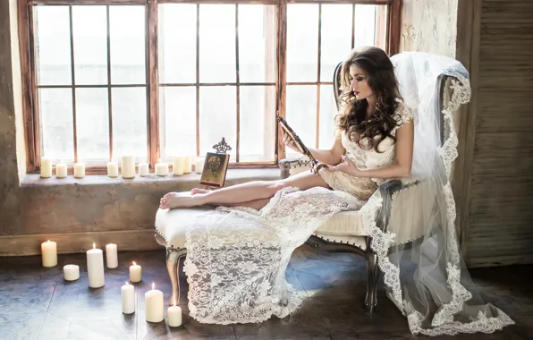 Mood, chair, candles, mirror, brunette, window, lace