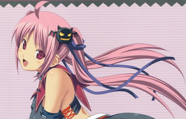 Collar, bat, corset, red eyes, demoness, lacing, pink hair, striped background