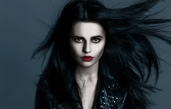 Look, girl, face, the dark background, portrait, makeup, brunette, jacket