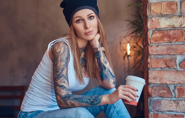 Picture look, girl, pose, style, jeans, hands, Mike, tattoo