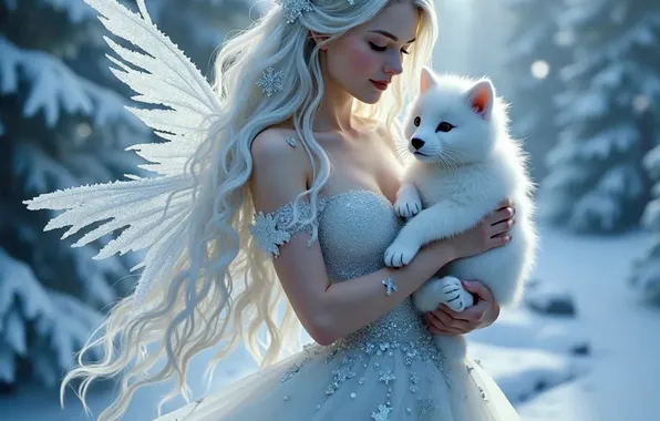 Winter, forest, girl, snow, wings, angel, white dress, cub
