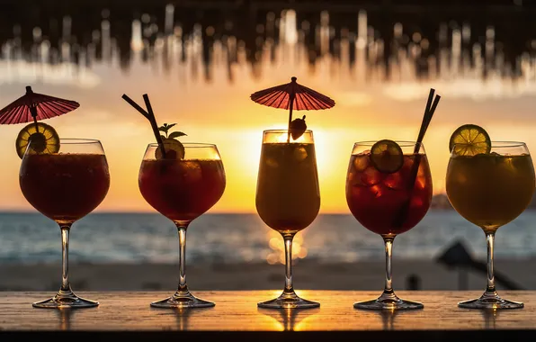 Sea, beach, summer, sunset, shore, cocktail, juice, summer