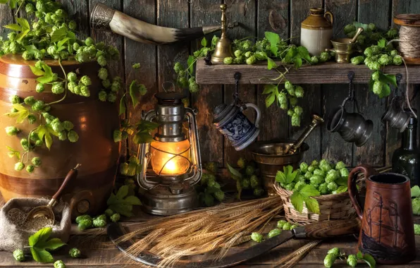 Mug, lantern, still life, barrel, hammer, barley, horn, hops