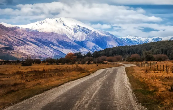 Road, the sky, clouds, mountains, lake, the fence, field, New Zealand
