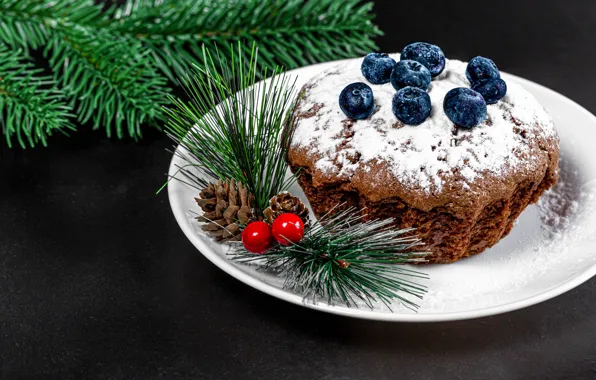 Picture berries, plate, Christmas, New year, bumps, cupcake, twigs, powdered sugar