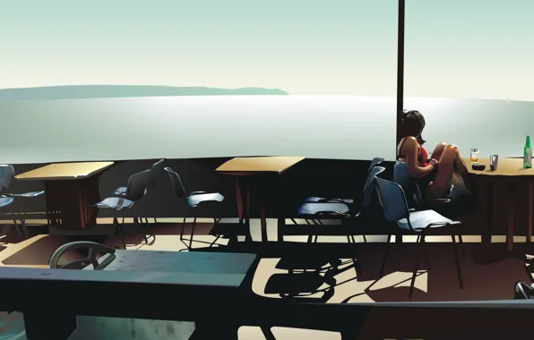 Table, woman, graphics, cafe, lonely