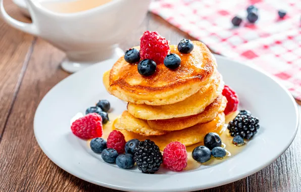 Berries, raspberry, table, blueberries, plate, stack, dessert, cakes