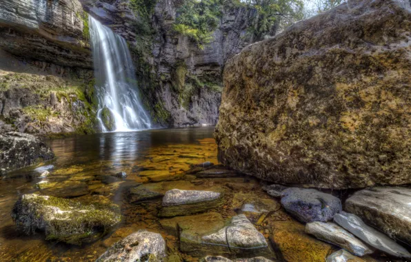 Stones, rocks, waterfall, HDR, UK, Thorton Force Waterfall