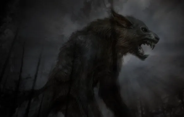 Night, wolf, monster, predator, mouth, fangs, grin, horror