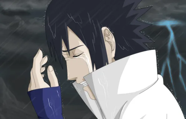 Rain, lightning, tears, Art, naruto, uchiha sasuke