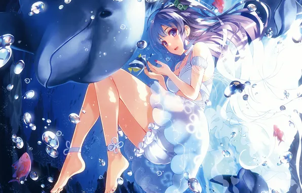 Girl, fish, Dolphin, smile, bubbles, anime, art, under water