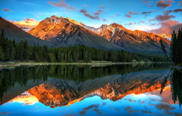 Forest, landscape, sunset, mountains, lake, reflection, Banff National Park, Alberta
