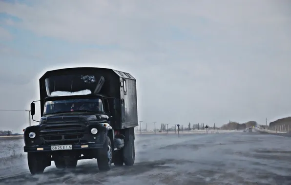 Winter, road, the sky, Truck, ZIL, drifting snow, 130, Zil