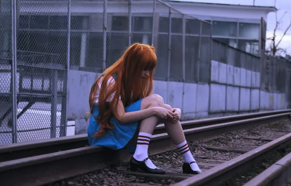 Building, rails, costume, outfit, railroad, image, Evangelion, Cosplay redhead