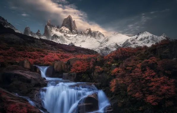 Picture mountains, river, waterfall