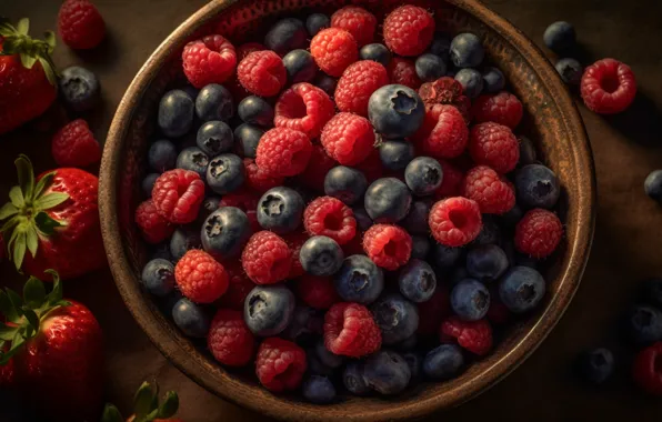 Berries, raspberry, rendering, table, blueberries, strawberry, bowl, placer