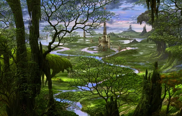 Forest, trees, river, castle, tale, Japan, fantasy, art