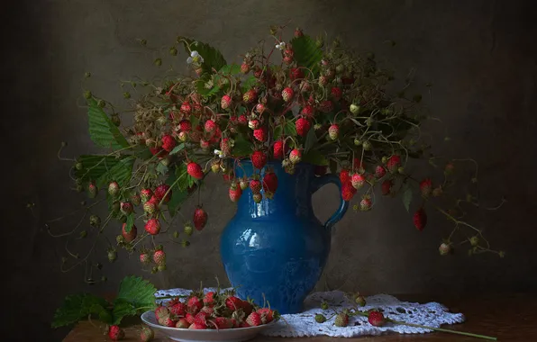 Leaves, blue, berries, the dark background, table, food, bouquet, strawberries