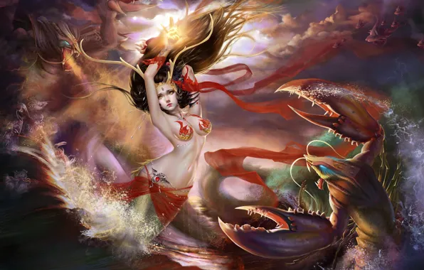 Sea, wave, girl, squirt, clouds, mermaid, monster, scarf