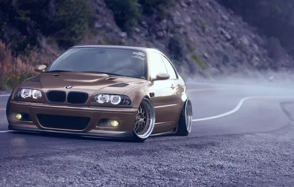 BMW, brown, front, mountain road, E46, stance nation