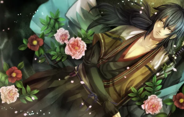 Picture flowers, sword, katana, petals, guy, hakuouki