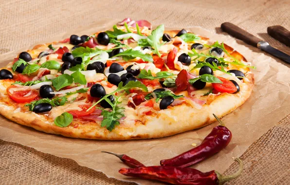 Picture food, cheese, pepper, vegetables, pizza, tomatoes, olives, ham