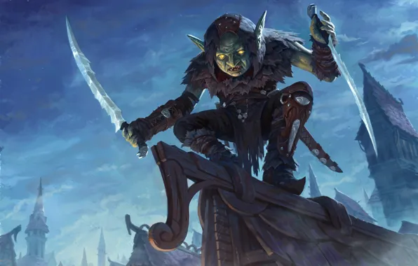 Picture roof, night, fantasy, art, dagger, Goblin, goblin assassin