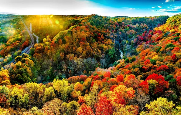 Autumn, the sun, rays, light, mountains, glare, the slopes, view