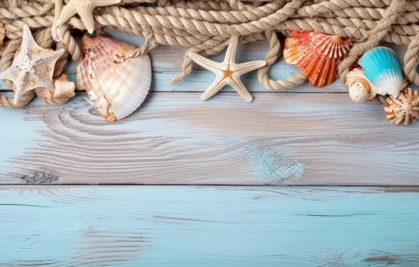 Board, rope, shell, rope, shell, starfish, blue background, composition