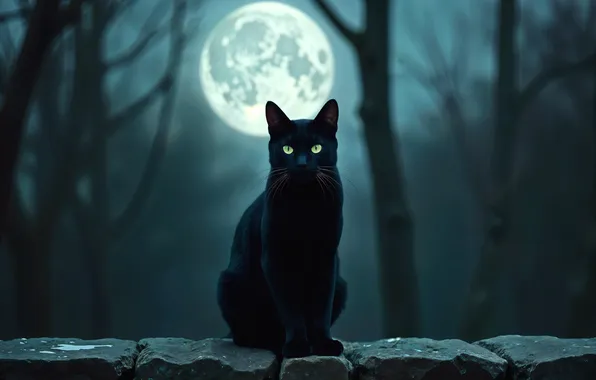 Forest, cat, cat, look, night, pose, the moon, black