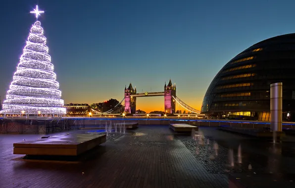 Night, lights, holiday, England, London, tree, Christmas, Tower bridge