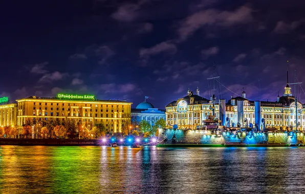 River, building, Saint Petersburg, Aurora, Russia, night city, Petrogradskaya embankment, Nakhimov naval school