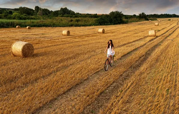 Road, field, the sky, girl, clouds, bike, hay, girl