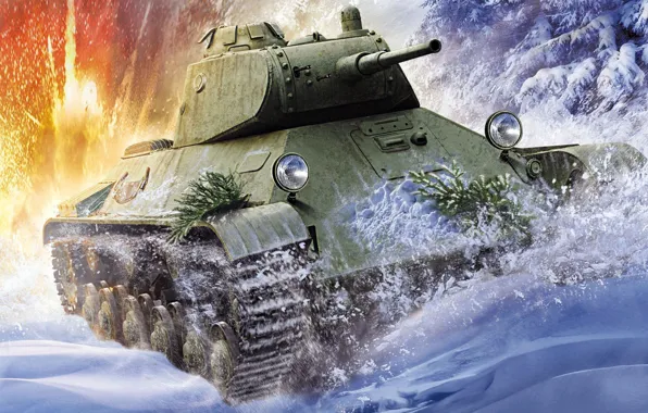 Winter, snow, figure, art, T-50, Soviet light tank