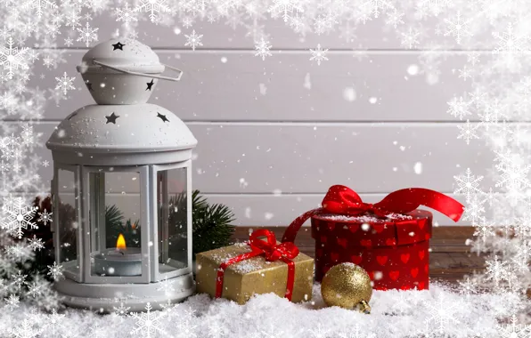 Picture winter, snow, decoration, New Year, Christmas, lantern, gifts, Christmas