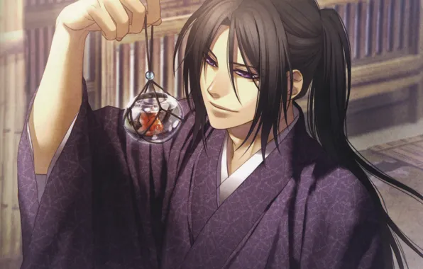 Picture fish, hands, guy, kimono, long hair, art, demons pale cherry, Hakuouki Shinsengumi Kitano