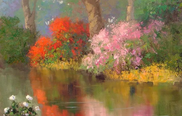Picture flowers, nature, surface, reflection, river, art, the bushes